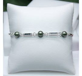 Ronde nacrée Vert Poudré bracelet artisanal argenté